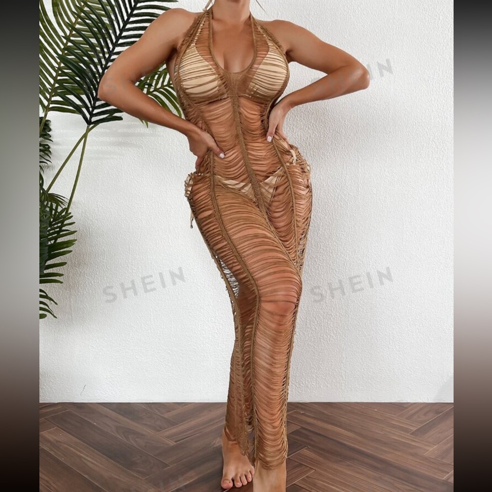 Brown backless halter bikini coverup dress